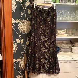 #163 vintage black and gold lace, maxi skirt size large